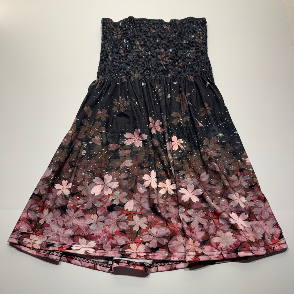 Floral Cherry Blossom Smocked Tube Dress Strapless Pink Black Sakura Mini Small